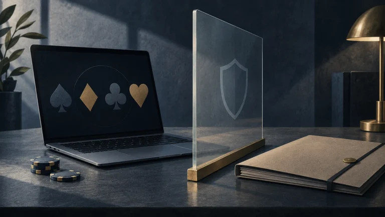 Konceptuel illustration af en computer med kortsymboler og en beskyttende skærm